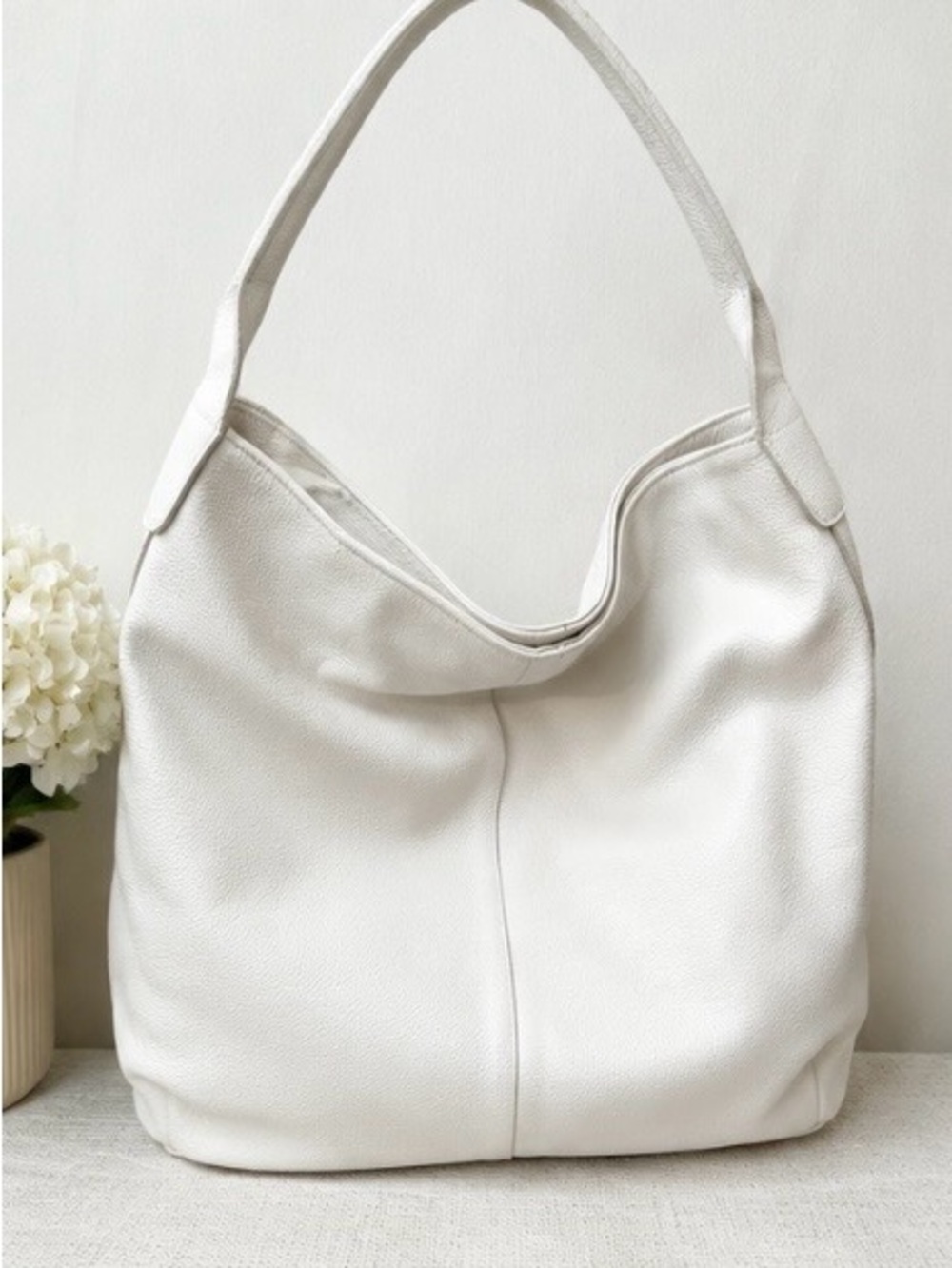 Classic White Leather Hobo Bag - Minimalist Shoulder Tote